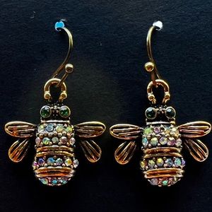 Crystal honeybee earrings antique gold tone